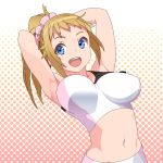  1girl :d armpits arms_behind_head bike_shorts blue_eyes bouncing_breasts breasts brown_hair gundam gundam_build_fighters gundam_build_fighters_try hoshino_fumina impossible_clothes large_breasts looking_at_viewer midriff navel open_mouth ponytail samonegi scrunchie smile solo sports_bra 