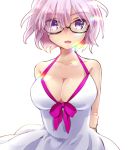  1girl bare_shoulders bow breasts cleavage dress eyebrows_visible_through_hair fate/grand_order fate_(series) glasses halterneck hane_yuki large_breasts lavender_hair looking_at_viewer open_mouth semi-rimless_glasses shielder_(fate/grand_order) short_hair smile solo sundress under-rim_glasses violet_eyes white_background 