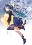  1girl :d absurdres asymmetrical_legwear black_boots black_ribbon black_shirt blue_eyes blue_hair blue_skirt boots constellation_print floating_hair freeze_(867139) full_body hair_between_eyes hair_ribbon hatsune_miku highres holding long_hair looking_at_viewer one_leg_raised open_mouth ribbon shirt skirt smile solo star thigh_strap twintails very_long_hair vocaloid 