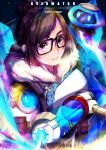 1girl black-framed_eyewear blue_gloves breasts brown_eyes brown_hair canister coat copyright_name drone fur-trimmed_jacket fur_coat fur_trim glasses gloves gun hair_bun hair_ornament hair_stick highres holding holding_gun holding_weapon jacket long_sleeves looking_at_viewer medium_breasts mei_(overwatch) overwatch parted_lips pinochi robot short_hair signature smile snowball_(overwatch) solo upper_body watermark weapon winter_clothes winter_coat 