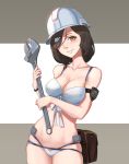  1girl bikini black_hair breasts brown_eyes collarbone commentary_request fish_hair_ornament grin hair_ornament hair_over_one_eye hardhat hat helmet highres holding large_breasts long_hair looking_at_viewer mecha_musume navel original personification sima_naoteng simple_background smile solo stomach swimsuit teeth white_bikini white_hat wrench wrist_cuffs 