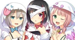 3girls absurdres aoba_moka bandaged_eyes bang_dream! black_hair blue_eyes blush bow bowtie breasts brown_hair cleavage collarbone eyebrows_visible_through_hair green_bow green_bowtie green_eyes highres large_breasts looking_at_another looking_at_viewer mitake_ran multicolored_hair multiple_girls one_eye_closed open_mouth parted_lips pink_bow pink_bowtie pink_eyes pink_hair red_bow red_bowtie redhead short_hair smile uehara_himari yuusa