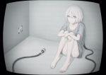  1girl barefoot breasts cleavage closed_mouth collarbone eyebrows_visible_through_hair fetal_position highres looking_at_viewer medium_breasts original pink_eyes plug power_cord short_hair sitting solo teraguchi white_hair 