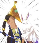 1boy 1girl bare_chest cowboy_shot dark_skin dark_skinned_male emphasis_lines fate/grand_order fate/prototype fate/prototype:_fragments_of_blue_and_silver fate_(series) looking_at_viewer nitocris_(fate/grand_order) nitocris_(swimsuit_assassin)_(fate) object_on_head parody purple_hair pvc_parfait pyramid_head rider_(fate/prototype_fragments) silent_hill silent_hill_2 simple_background staff white_background 