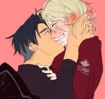  2boys black_hair blonde_hair blue_eyes blush clenched_teeth con_potata covering_mouth green_eyes hand_in_another&#039;s_hair hand_over_another&#039;s_mouth hood hoodie jean-jacques_leroy leaf male_focus maple_leaf multiple_boys teeth yaoi yuri!!!_on_ice yuri_plisetsky 