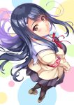  1girl aho_girl armband black_hair black_legwear blush brown_eyes floating_hair from_above full_body fuuki_iinchou_(aho_girl) hair_ornament hairclip loafers long_hair looking_at_viewer pantyhose ribbon school_uniform shoes smile solo standing very_long_hair yukikaze_(aaassszzz) 