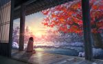  1girl absurdres highres lake lens_flare long_hair natsu_(hottopeppa3390) original pond porch revision scarf scenery sitting snow snowing solo sun sunset winter 