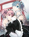  2girls ame_030 apron black_dress blue_eyes blue_hair breast_press breasts detached_sleeves dress hair_over_one_eye hair_ribbon hand_holding head_wreath highres interlocked_fingers looking_at_viewer multiple_girls pink_hair purple_ribbon ram_(re:zero) re:zero_kara_hajimeru_isekai_seikatsu red_eyes rem_(re:zero) ribbon shiny shiny_skin short_hair sketch small_breasts white_apron 