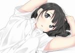  1girl arms_up bangs black_hair blush collared_shirt dress_shirt grey_eyes long_hair looking_at_viewer lying on_back original parted_lips school_uniform shirt short_sleeves sidelocks solo suzuki_moeko tareme upper_body white_shirt 