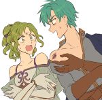  &gt;:0 &gt;:d 1boy 1girl :0 :d angry aqua_eyes aqua_hair bare_shoulders blush breasts brown_gloves bruise capelet circlet collarbone couple crossed_arms curly_hair dress dutch_angle elbow_gloves embarrassed ephraim eye_contact fire_emblem fire_emblem:_seima_no_kouseki formal gloves green_eyes green_hair grey_shirt hetero injury jewelry l&#039;arachel laughing leaning leaning_to_the_side looking_at_another matching_hair/eyes naughty_face neck nintendo noshima off_shoulder open_clothes open_mouth open_shirt ponytail prince princess shirt short_hair shouting shy side-by-side simple_background small_breasts smile surprised sweatdrop undressing upper_body white_background white_dress white_gloves 