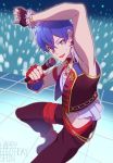  1boy adonis_belt alternate_costume bare_shoulders blue_eyes blue_hair character_name dorifesu! from_above glowstick happy_birthday idol jewelry looking_at_viewer male_focus necklace oikawa_shin smile stage tile_floor tiles vest 