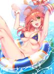  1girl animal_ears armpits blush breasts cleavage eyebrows_visible_through_hair fangs fate/grand_order fate_(series) fox_ears hat highres hisayaki_kyuu innertube jewelry large_breasts long_hair looking_at_viewer navel necklace open_mouth pink_hair smile solo tamamo_(fate)_(all) tamamo_no_mae_(swimsuit_lancer)_(fate) teeth water white_hat yellow_eyes 