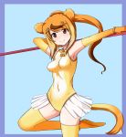  1girl armpits bangle blue_background bracelet brown_eyes brown_hair elbow_gloves gloves golden_snub-nosed_monkey_(kemono_friends) highres holding holding_staff jewelry kemono_friends leotard long_hair long_ponytail looking_at_viewer monkey_ears monkey_tail mono_(mono60) one_leg_raised smile solo staff standing standing_on_one_leg tail thigh-highs 