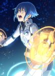  1boy blue_eyes blue_hair kanoya_rui male_focus mecha open_mouth outstretched_arms pilot_suit re:creators short_hair sweatdrop 