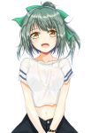  1girl :d alternate_costume casual green_hair hair_ribbon hands_together highres kantai_collection open_mouth ponytail ribbon rudo_(rudorudo0917) shirt simple_background smile solo t-shirt white_background white_shirt yuubari_(kantai_collection) 