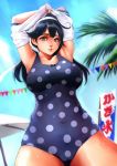  1girl armpits arms_up banner beach black_hair blue_sky blue_swimsuit blush breasts clouds coconut_tree day headband jojo218 kantai_collection large_breasts lips looking_at_viewer one-piece_swimsuit palm_tree parasol polka_dot polka_dot_swimsuit ribbon school_uniform serafuku sky solo sun swimsuit tree umbrella undressing ushio_(kantai_collection) 