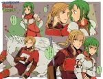  1boy 1girl armor belt blonde_hair blood blouse blue_eyes blush breastplate character_name clenched_teeth closed_eyes copyright_name couple elbow_gloves face-to-face fingerless_gloves fire_emblem fire_emblem:_seima_no_kouseki forde gloves green_eyes green_hair hands_on_hips hetero holding_arm injury lance lying noshima on_back pants paper pegasus polearm ponytail shirt short_hair sidelocks sleeping star sweatdrop teeth vanessa_(fire_emblem) weapon white_gloves zzz 