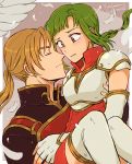  1boy 1girl armor blonde_hair blouse blush breastplate breasts carrying character_name closed_eyes copyright_name couple dutch_angle elbow_gloves face-to-face feathers fingerless_gloves fire_emblem fire_emblem:_seima_no_kouseki forde gloves green_eyes green_hair hetero noshima ponytail princess_carry shirt short_hair small_breasts thigh-highs vanessa_(fire_emblem) white_gloves white_legwear 