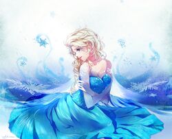  1girl bare_shoulders blonde_hair blue_dress blue_eyes braid breasts bridal_gauntlets cleavage crossed_arms dress elsa_(frozen) frozen_(disney) highres large_breasts long_dress long_hair single_braid snowflakes solo yuimiku0422 