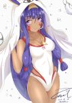  1girl artist_name blush breasts cleavage closed_mouth collarbone dark_skin dated earrings eyebrows_visible_through_hair fate/grand_order fate_(series) hoop_earrings jewelry large_breasts long_hair looking_at_viewer nitocris_(fate/grand_order) purple_hair signature smile solo unel1211 violet_eyes 