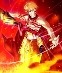  1boy blonde_hair ea_(fate/stay_night) earrings gilgamesh holding holding_weapon jewelry red_eyes sen_(77nuvola) solo standing tattoo topless weapon 