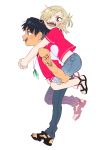  2boys arm_tattoo black_hair blonde_hair blue_eyes carrying con_potata denim green_eyes hair_over_one_eye half_updo highres jean-jacques_leroy jeans male_focus multiple_boys open_mouth pants piggyback sandals smile tattoo walking yuri!!!_on_ice yuri_plisetsky 