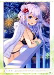  1girl :d absurdres artist_name bangle bekotarou bikini black_bikini blue_eyes bracelet city_lights dengeki_moeou eyebrows_visible_through_hair eyes_visible_through_hair fireworks flower framed_image green_bracelet hair_flower hair_ornament highres jewelry lavender_hair leaning long_hair looking_at_viewer magazine_scan nail_polish night open_mouth original outdoors page_number pink_lips pink_nails purple_flower red_flower reflection scan see-through shirt shirt_on_shoulders side_bun skindentation smile solo strap_gap swimsuit tongue translation_request water white_shirt x_hair_ornament 