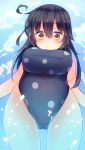  1girl absurdres black_hair blue_sky blue_swimsuit breasts clouds from_below highres kantai_collection large_breasts long_hair looking_at_viewer looking_down motty one-piece_swimsuit partially_submerged polka_dot polka_dot_swimsuit sky solo swimsuit ushio_(kantai_collection) water 