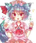  1girl animal_ears ascot blue_hair blush brooch dog_ears dog_tail fangs hat hat_ribbon jewelry kemonomimi_mode looking_at_viewer mob_cap open_mouth peipei red_eyes red_ribbon remilia_scarlet ribbon short_hair simple_background slit_pupils solo tail touhou upper_body white_background wrist_cuffs 