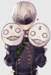  1boy black_shirt blank_eyes blindfold blue_background blush character_request choker commentary_request facial_mark forehead_mark grin hand_puppet head_tilt heart highres long_sleeves looking_at_viewer momomo_(user_xnfy4284) nier_(series) nier_automata parted_lips puppet shirt short_hair silver_hair smile upper_body yorha_no._9_type_s 