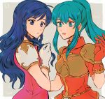  2girls :d ahoge alternate_hairstyle aqua_eyes aqua_hair armor armored_dress armored_shirt blouse blue_eyes blue_hair blush bracelet braid breastplate breasts character_name dress earrings eirika eyebrows_visible_through_hair female fire_emblem fire_emblem:_seima_no_kouseki friends from_side gloves gold_armor grey_background hair_between_eyes hair_down hairstyle_switch hand_on_own_chest hand_up highres jewelry long_hair looking_at_viewer looking_to_the_side matching_hair/eyes multiple_girls neck neck_ring nintendo noshima open_mouth parted_lips pauldrons princess red_clothes red_dress red_gloves red_shirt shirt short_sleeves shoulder_armor sidelocks simple_background small_breasts smile star tana twin_braids upper_body white_gloves 