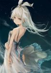  1girl bare_arms bare_shoulders breasts commentary_request dress floating_hair grey_eyes hair_ribbon highres long_hair looking_at_viewer looking_back medium_breasts original ribbon scyze silver_hair solo standing white_dress wind wind_lift 