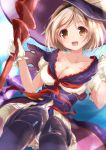  1girl :d black_legwear blonde_hair breasts brown_eyes cleavage collarbone djeeta_(granblue_fantasy) dress gloves granblue_fantasy hat highres holding holding_staff large_breasts looking_at_viewer nanaume_(shichimi_tougarashi) open_mouth panties pantyshot puffy_short_sleeves puffy_sleeves short_hair short_sleeves smile solo staff tareme thigh-highs underwear warlock_(granblue_fantasy) white_gloves white_panties witch_hat 