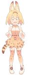  1girl :d animal_ears animal_print ankle_boots bangs bare_shoulders belt blonde_hair blush boots bow bowtie breasts cross-laced_clothes elbow_gloves full_body gloves hair_between_eyes happy high-waist_skirt kemono_friends looking_at_viewer medium_breasts medium_skirt open_mouth print_bow print_legwear print_skirt serval_(kemono_friends) serval_ears serval_print serval_tail shirt short_hair skirt sleeveless sleeveless_shirt smile solo striped_tail tail taut_clothes thigh-highs upper_teeth urayamashiro_(artist) white_background white_boots white_gloves white_shirt yellow_bow yellow_bowtie yellow_eyes yellow_skirt 