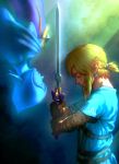  1boy blonde_hair closed_eyes earrings fi fingerless_gloves gloves highres holding holding_sword holding_weapon jewelry link looking_at_another master_sword pointy_ears profile sword the_legend_of_zelda the_legend_of_zelda:_breath_of_the_wild the_legend_of_zelda:_skyward_sword tunic ug_(ugg) upside-down weapon 