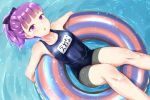  1girl breasts fate/grand_order fate_(series) from_above helena_blavatsky_(fate/grand_order) helena_blavatsky_(swimsuit_archer)_(fate) highres innertube looking_at_viewer looking_up name_tag nenosame ocean one-piece_swimsuit partially_submerged ponytail purple_hair school_swimsuit short_hair small_breasts solo swimsuit violet_eyes 