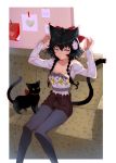  1girl absurdres animal_ears aruterra black_hair blue_eyes braid cat cat_ears cat_tail commentary_request flower hair_ornament hair_ribbon highres looking_at_viewer pantyhose ribbon short_hair solo tail twin_braids 