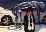  1girl absurdres black_hair blood car death ground_vehicle highres jun_(5455454541) long_hair looking_at_viewer marker_(medium) monster motor_vehicle name_tag necktie original pleated_skirt police red_eyes school_uniform sign skirt solo tentacle traditional_media twintails warning_sign 