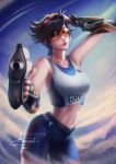  1girl aiming_at_viewer alexandra_mae arms_up artist_name black_hair blue_shorts breasts brown_eyes closed_mouth clouds contrapposto earrings hand_in_hair jewelry large_breasts lips looking_at_viewer navel orange_goggles overwatch patreon_username red_lips shirt short_hair shorts signature solo spiky_hair stomach tank_top tracer_(overwatch) union_jack watermark web_address white_shirt 