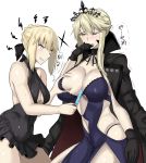  &gt;:) /\/\/\ 2girls artoria_pendragon_(all) artoria_pendragon_(lancer) bangs between_breasts black_coat black_dress black_gloves black_swimsuit blonde_hair blush breast_grab breasts coat contrapposto covered_navel crown dress erect_nipples eyebrows_visible_through_hair fate/grand_order fate_(series) food gloves grabbing grin hair_between_eyes highres holding holding_food huge_breasts jacket_on_shoulders large_breasts long_hair multiple_girls navel_cutout one-piece_swimsuit one_eye_closed parted_lips popsicle saber_alter sidelocks simple_background smile speech_bubble sweatdrop swimsuit takara_joney trembling white_background yellow_eyes 