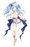  1girl :3 :d absurdres ankle_cuffs armlet blue_hair bow breasts character_request choker cleavage copyright_request covered_navel cross-laced_footwear fang frill_trim frilled_swimsuit frills full_body gimt hair_bow halterneck highres large_breasts long_hair nail_polish one-piece_swimsuit open_mouth simple_background smile solo strap_lift swimsuit tiara toeless_legwear toenail_polish twintails white_background wrist_cuffs yellow_eyes 