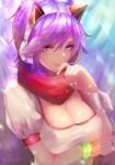  1girl ahri animal_ears arcade_ahri artist_name bangs blush breast_hold breasts cleavage fake_animal_ears fingernails glowing headphones large_breasts league_of_legends lips looking_at_viewer purple_hair red_hod red_scarf scarf short_hair short_sleeves smile solo swept_bangs upper_body violet_eyes wristband 