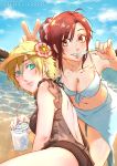  2girls allison_(summer_lesson) artist_request beach bikini blonde_hair blue_bikini blue_eyes blue_sarong blue_sky brown_eyes brown_hair drinking_cup drinking_straw flower food hair_flower hair_ornament highres miyamoto_hikari multiple_girls popsicle sky summer_lesson swimsuit tied_hair title v 