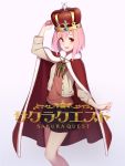  1girl absurdres arnold-s blush cape copyright_name eyebrows_visible_through_hair highres koharu_yoshino looking_at_viewer open_mouth pink_hair red_cape red_eyes sakura_quest short_hair smile solo 