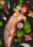  1girl bare_shoulders breasts brown_eyes ina_wong koi lily_pad long_hair looking_at_viewer looking_up mermaid monster_girl partially_submerged redhead signature small_breasts water 