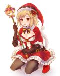  1girl :d bell belt belt_buckle black_gloves black_legwear blonde_hair bow breasts brown_eyes buckle christmas cleavage cleavage_cutout djeeta_(granblue_fantasy) dress elbow_gloves eyebrows_visible_through_hair flower frilled_dress frills full_body fur_trim gloves granblue_fantasy hair_flower hair_ornament hat holding holding_wand kneeling looking_at_viewer medium_breasts open_mouth poinsettia pom_pom_(clothes) ririnya00 round_teeth santa_costume santa_hat shoes short_hair short_sleeves smile solo star teeth thigh-highs wand white_background 