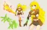  1girl ahoge arm_cannon blonde_hair breasts cleavage commentary_request ember_celica_(rwby) flamethrower iesupa navel orange_eyes prosthesis prosthetic_arm rwby shorts violet_eyes weapon yang_xiao_long 