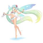  1girl armpits bangs bare_shoulders barefoot bikini bikini_under_clothes bracelet collar collarbone eyebrows_visible_through_hair fairy_wings full_body goodsmile_racing gradient_hair hair_ornament hatsune_miku high_heels holding jewelry logo long_hair looking_at_viewer midriff multicolored_hair navel official_art open_mouth shorts simple_background smile solo swimsuit tanaka_takayuki tiptoes twintails vocaloid white_background wings 