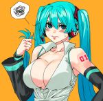  1girl alternate_breast_size aqua_eyes aqua_hair archvermin blush breasts cleavage commentary detached_sleeves frown hatsune_miku headset highres large_breasts long_hair orange_background solo sweatdrop twintails upper_body vocaloid 