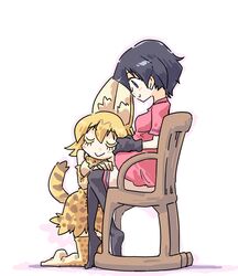  2girls absurdres animal_ears black_eyes black_gloves black_hair chair couple gloves hair_between_eyes head_on_stomach high-waist_skirt highres kaban_(kemono_friends) kemono_friends multiple_girls pregnant red_shirt rocking_chair seki_(red_shine) serval_(kemono_friends) serval_ears serval_print serval_tail shirt short_hair shorts sitting skirt striped_tail tail wavy_hair 